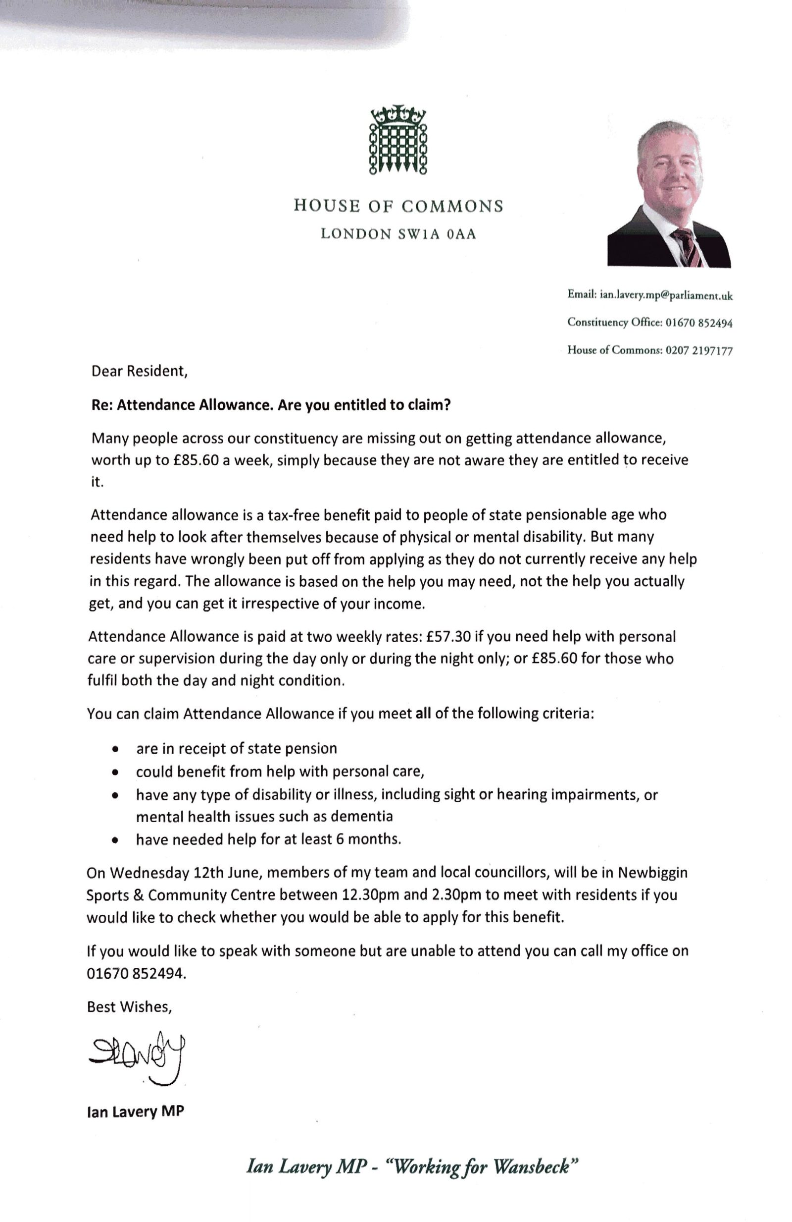 Letter to Newbiggin residents from Ian Lavery MP 